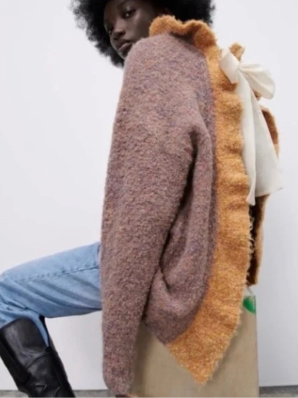 Zara mauve boucle sweater with mustard ruffle and cream bow